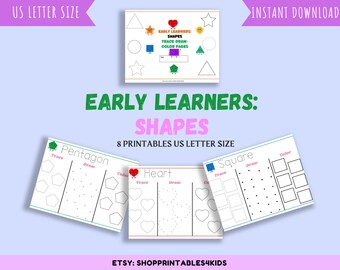 Learn Shapes! Shapes Trace-Draw-Color Printable Worksheets for Pre School Toddlers Early Learners kindergarten ages 2 to 5 instant download