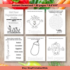Fruits & Vegetables Coloring Letter Tracing Printable Activity Sheets for Early Learners, birthday party activity, instant download image 2