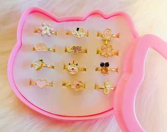 12pcs Little Girls Adjustable Rings in Box,  Kids Cute Jewelry Rings Set with Kitty Shape Display Case, Girl Pretend Play and Dress up Rings