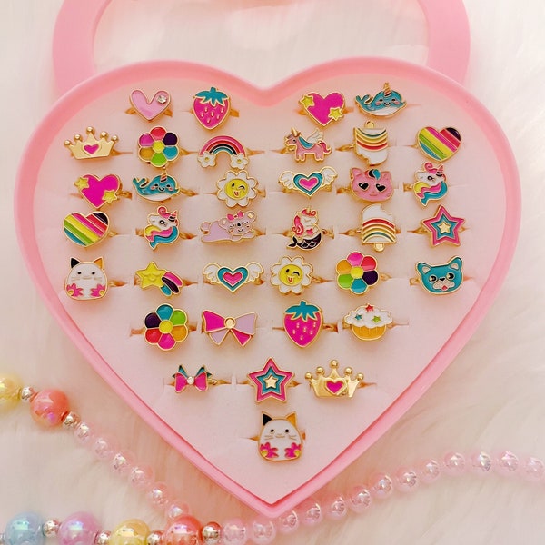 36pcs Little Girl Adjustable Rings in Box, Kids Jewelry Rings Set with Heart Shape Display Case, Girl Pretend Play and Dress up Rings