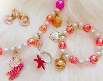 Kids Jewelry,Little Girls,Toddlers Necklace Set, Mermaid Necklace,Bracelet, Earring, Ring Set, Girls Dress Up,Pretending Play Jewelry Set