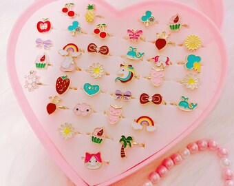 36pcs Little Girl Adjustable Rings in Box,  Kids Cute Jewelry Rings Set with Heart Shape Display Case, Girl Pretend Play and Dress up Rings