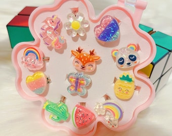 Kids Ring Set,12 pcs Colorful, Super Cute, Adjustable,No duplicate,Pretend Play,Dress Up Rings Set for Little Girls