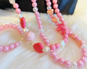 3 pcs Pink Beads Necklace and Bracelet set for Kids,Little Girls Dress Up Jewelry Sets