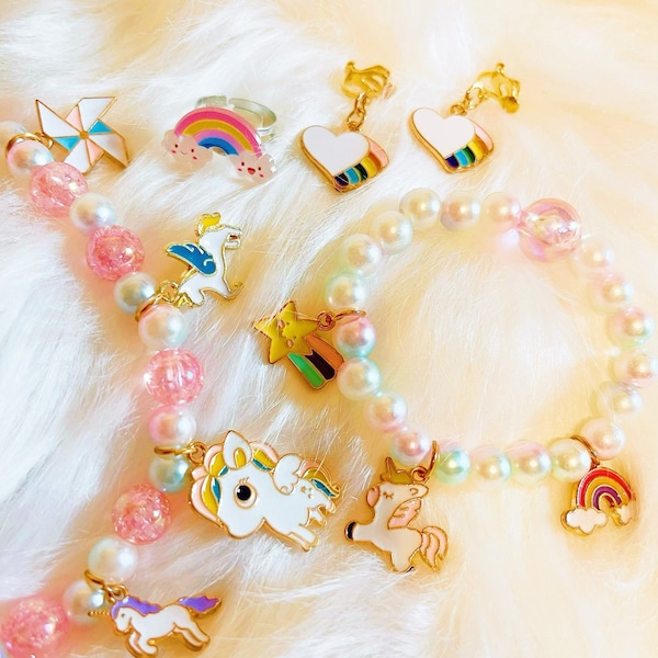 Kids Jewelry,Little Girls,Toddlers Necklace Set, Unicorn Necklace,Bracelet, Earring, Ring Set, Girls Dress Up,Pretending Play Jewelry Set