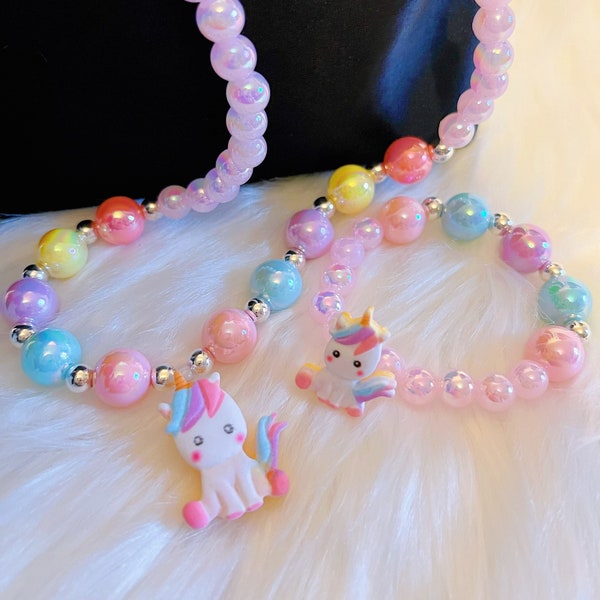 Little Girls Jewelry,Super Cute Little Girls Beads Necklace and Bracelet Set with Unicorn Pendant,Girl's Dress up Necklace and Bracelet Set
