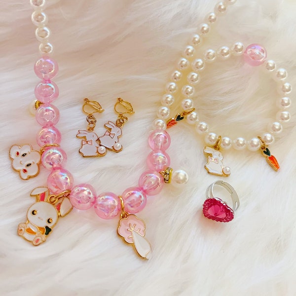 Kids Jewelry,Little Girls,Toddlers Necklace Set, Bunny Necklace,Bracelet, Earring, Ring Set, Girls Dress Up,Pretending Play Jewelry Set