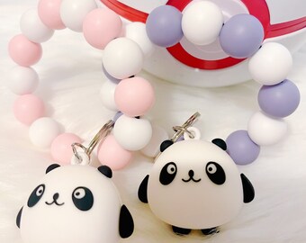 Silicone Bracelet KeyRing, Silicone Beaded Wristlet Keychain with Super Cute Panda Pendant