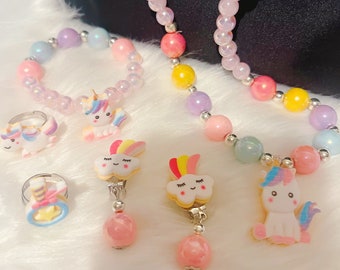 Little Girls Jewelry set,6 pieces Little Girls Rainbow Color Beads Necklace,Bracelet,Rings and earrings Set with Unicorn Pendant