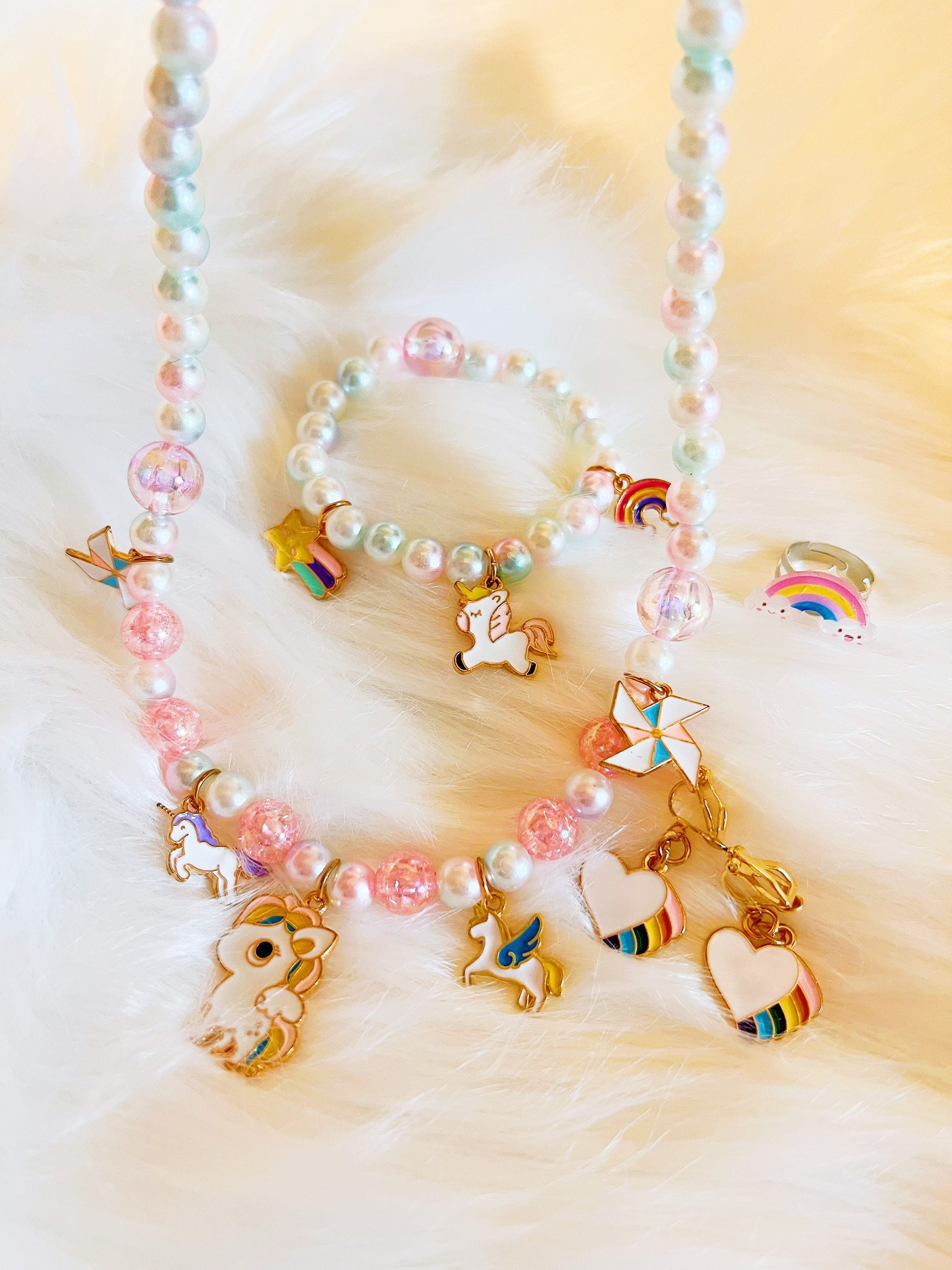 Little Girl Jewelry Set Kids Unicorn Necklace Cute Woven Bracelet for Girls,Kids Costume Jewelry Set Play Rings for Toddler Girl 4-8 Year Old