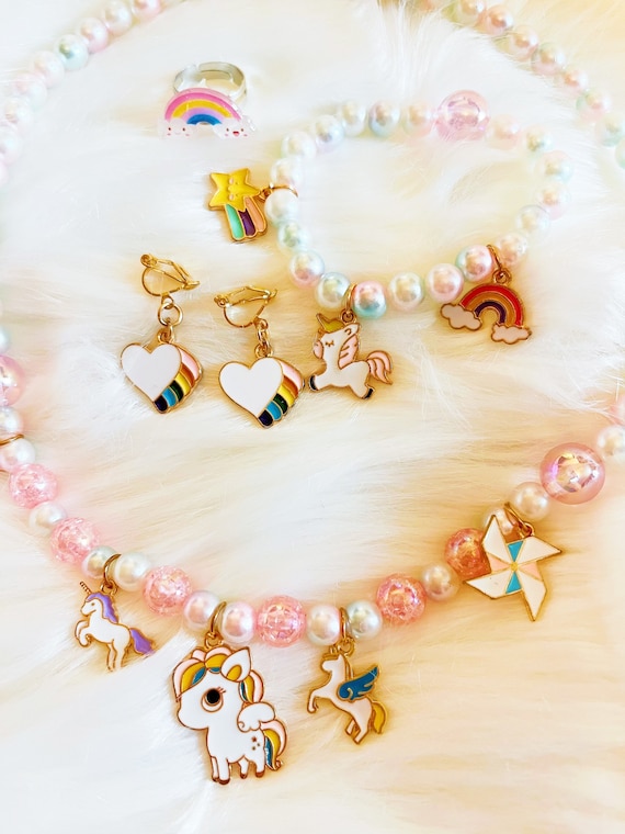 2-pack Cartoon Unicorn Rainbow Mermaid Princess Beaded Necklace and Bracelet Set for Girls