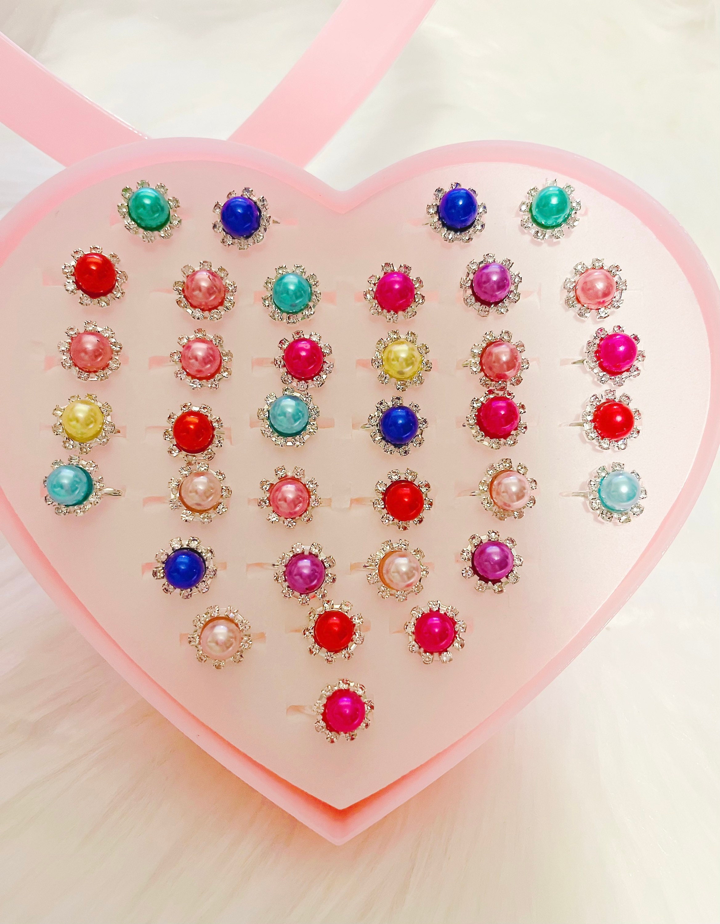 Little Rings Little Girls Jewel Rings,36 Pcs Little Girls Princess Pearls Adjustable ...