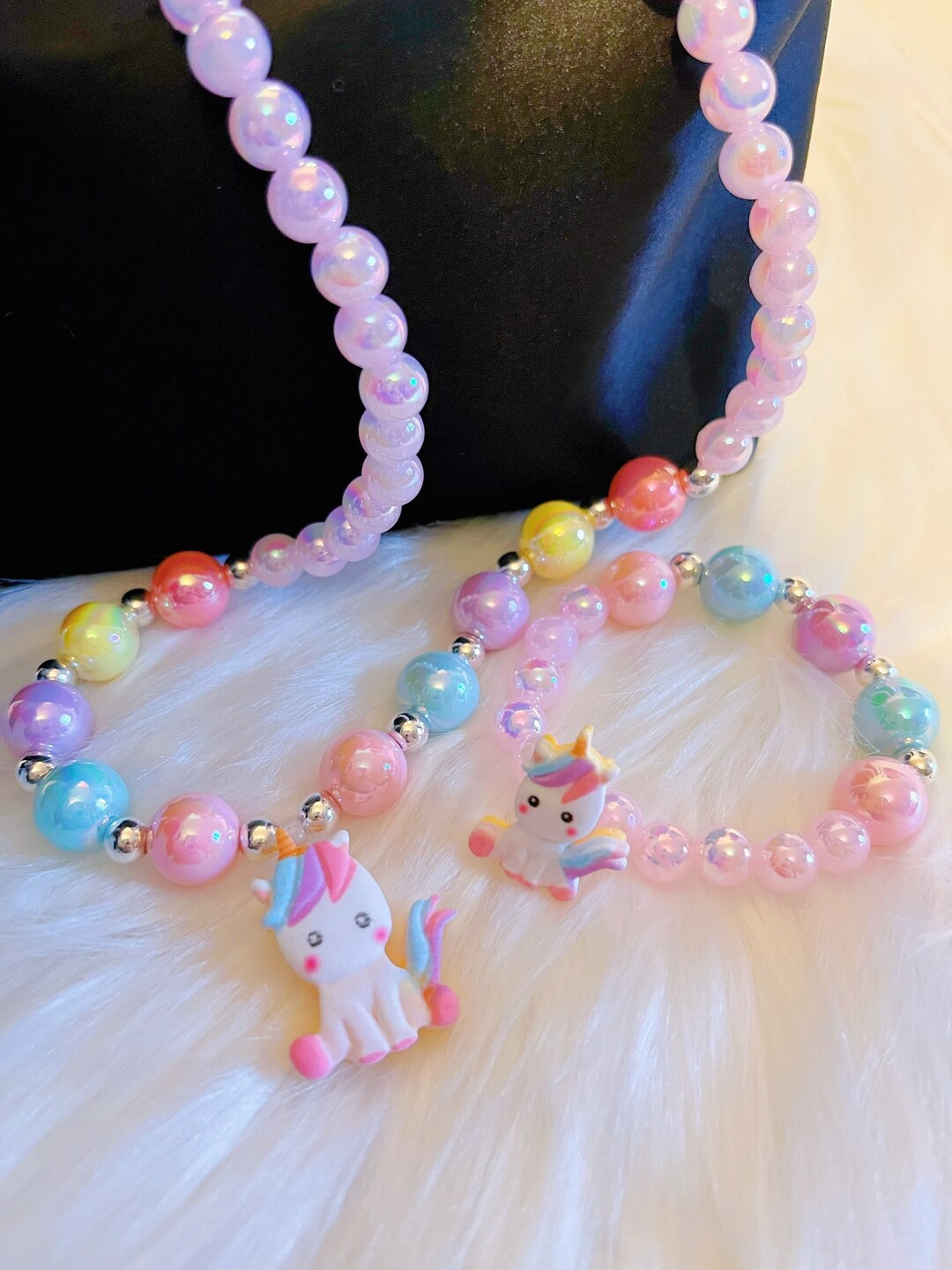 Little Girls Jewelry,super Cute Little Girls Beads Necklace and Bracelet Set With Unicorn