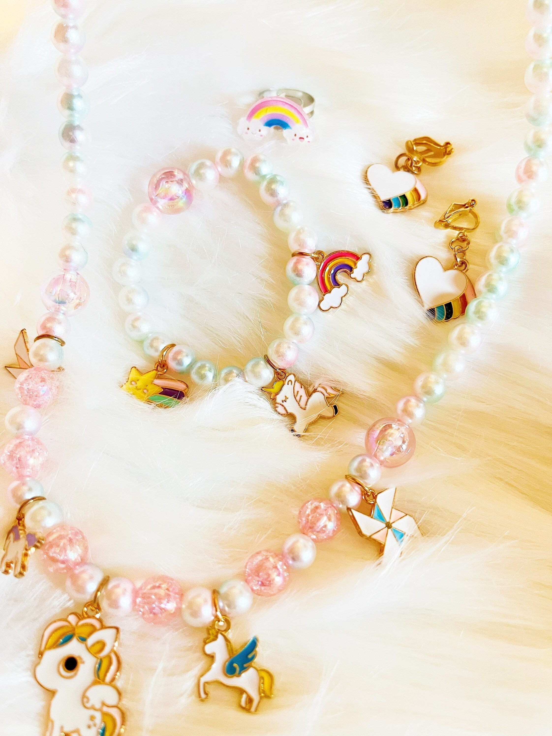 Little Girl Jewelry Set Kids Unicorn Necklace Cute Woven Bracelet for Girls,Kids Costume Jewelry Set Play Rings for Toddler Girl 4-8 Year Old