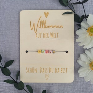 Holzkarte, Grußkarte, Namen, Perlen, Geburt, Deko, personalisiert, Geburtsgeschenk, Grusskarte, Holz,Geschenk,Name