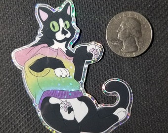May include: A holographic sticker featuring a cartoon cat wearing a rainbow sweater. The cat is black and white with green eyes and pink ears. A U.S. quarter is next to the sticker for size comparison.