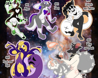 May include: A collection of Fursona Sticker Series featuring various cartoon characters. The stickers include characters named Atlas, Jakey, Zacharie and Spectre, Azzy and Root, and Whisp and Blank. Each character is uniquely designed with vibrant colors and distinct features.