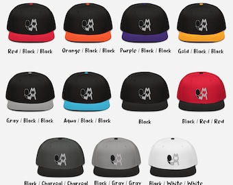 May include: A collection of snapback hats in various color combinations. Each hat features a black crown and a flat brim in colors like red, orange, purple, gold, gray, aqua, and white. The hats have a stylized logo.