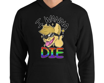 May include: Black hoodie with a front graphic. The graphic features a cartoon dog wearing sunglasses and the text "I WANNA DIE" in a rainbow gradient. The dog has blonde fur and a pink tongue.