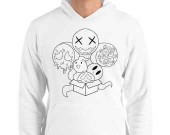 May include: White hoodie with a black and white graphic design featuring several cartoon characters and shapes. The design includes a box with characters, a melting skull, and a face with an X for eyes.