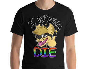 May include: Black t-shirt featuring a cartoon fox wearing sunglasses and sticking out its tongue. The text "I Wanna Die" is above the fox, with "DIE" in rainbow colors below.