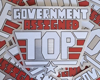 May include: A collection of stickers with a brushed metal finish. The stickers feature the text "GOVERNMENT ASSIGNED TOP" in white block letters with red accents. A white star is centered on the design.
