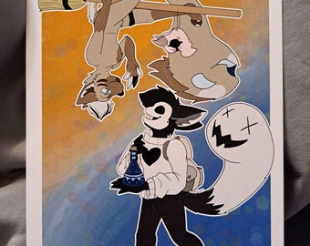 May include: A colorful illustration featuring cartoon characters in a whimsical setting. One character is upside down on a broom, while another carries a potion bottle. The background transitions from orange to blue.