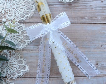 Vela de iglesia de 41 cm con cinta personalizada blanca para bautizo de niño.