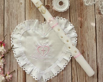¡Juego de pañuelos de bautizo para niñas de color rosa, vela de bautizo, tapa de goteo, 4 piezas, regalo de recuerdo de bautizo!
