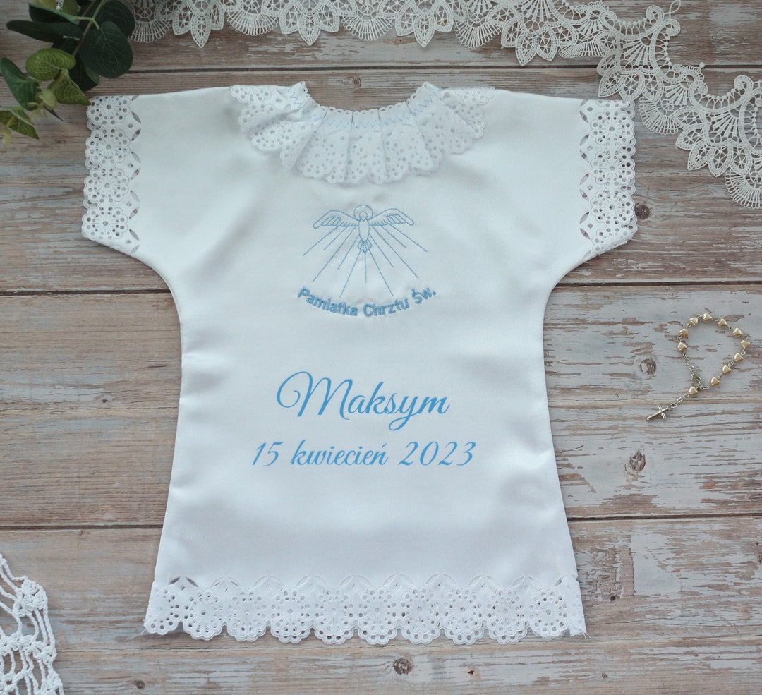 Personalised Christening Baptism White Blue Satin Handkerchief With