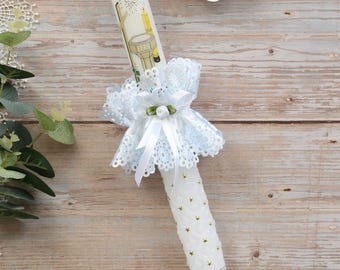 Vela de bautismo para la Primera Comunión, 41 cm, para niño, con cinta decorativa azul.