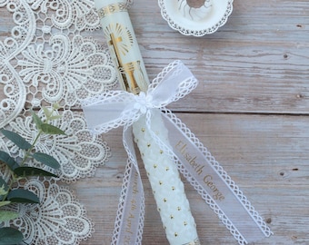 Vela de iglesia de 41 cm con cinta personalizada blanca para bautizo de niño.