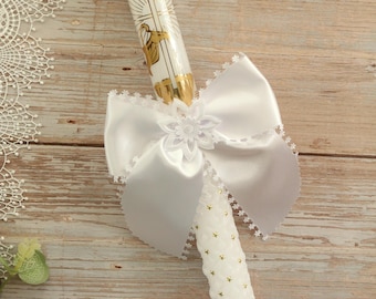 Vela de Bautizo 41 cm Vela de Bautismo con Decoración de Cinta Dorada