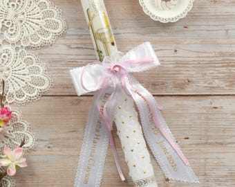 Iglesia de Niñas, vela de 41 cm con cinta personalizada blanca, Bautizo