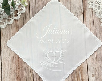 Personalised Christening Baptism White Gold Satin Handkerchief with name and date