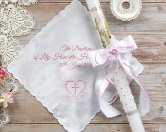 Pañuelo rosa personalizado para bautizo de niña, cinta, vela de bautizo, tapa antigoteo, 4 piezas, ¡regalo de recuerdo de bautizo!