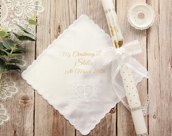 Pañuelo blanco personalizado para bautizo de niñas y niños, vela de bautizo, tapa antigoteo, 4 piezas, recuerdo de bautizo, ¡regalo!