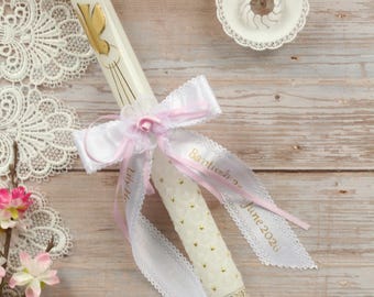 Iglesia de Niñas, vela de 41 cm con cinta personalizada blanca, Bautizo