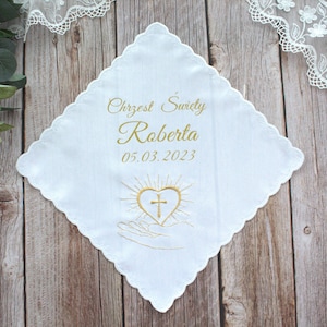 Personalised Christening Baptism White Gold Satin Handkerchief with name and date