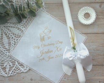 Velas de bautizo personalizadas con tapón decorativo y pañuelo Oro