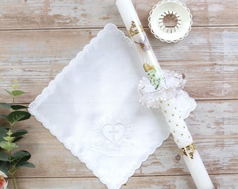 ¡Juego de 4 pañuelos blancos para bautizo de niñas y niños, vela de bautizo con tapa de goteo, regalo de recuerdo de bautizo!