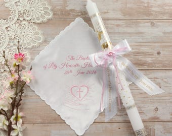 Pañuelo rosa personalizado para bautizo de niña, cinta, vela de bautizo, tapa antigoteo, 4 piezas, ¡regalo de recuerdo de bautizo!