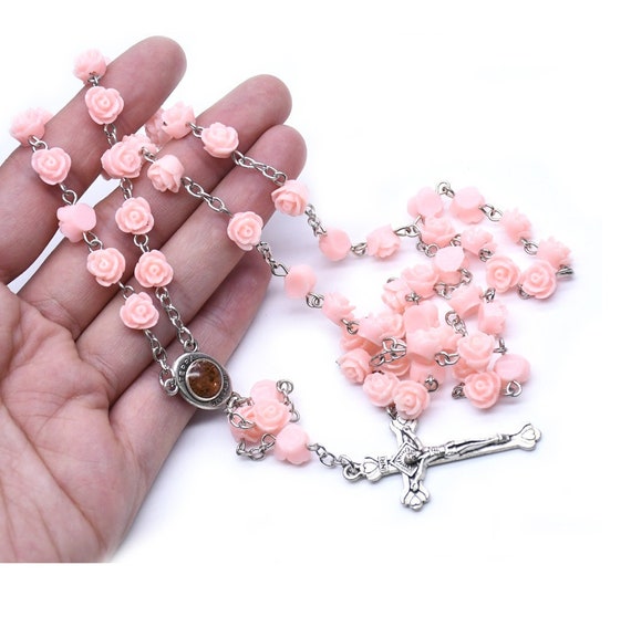 Pearl Rosary Beads Rosary Necklace Catholic Prayer Pink Beads High Quality  Love Heart Christ Prayer Rosary Necklace 
