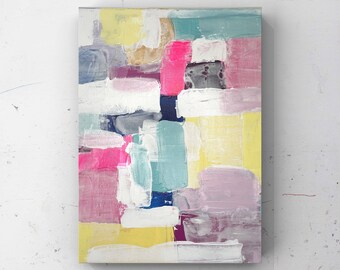 Acrylic Canvas. Modern Acrylic. Painted with striking colors such as blue, pink, yellow. Neon Pink Color. Original Acrylic Canvas.