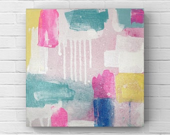 Acrylic on Canvas. Modern with Pastel Colors. Light Blue, Yellow, Pink.