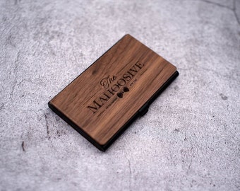 Wood business card Holder | Stainless Steel Pocket | Credit Card Case | For Dad, boyfriend, husband, birthday, Christmas | Laser Engrave