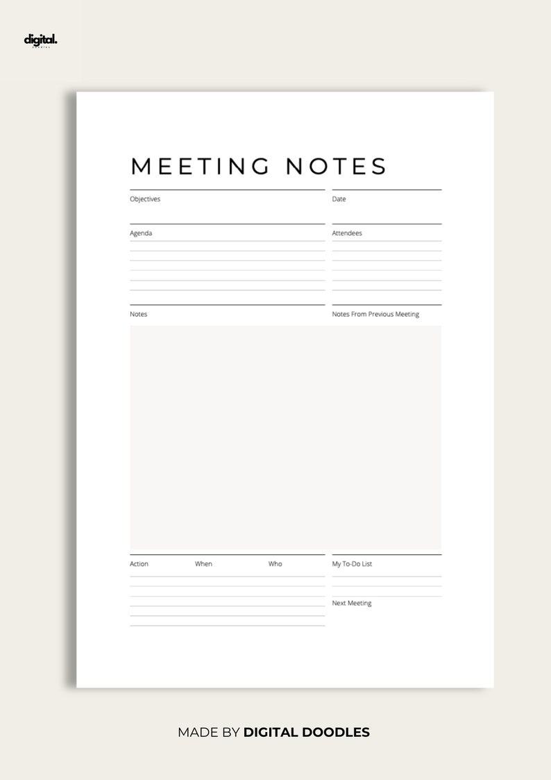 Meeting Notes Simple Template Printable, Meeting Minutes, Meeting