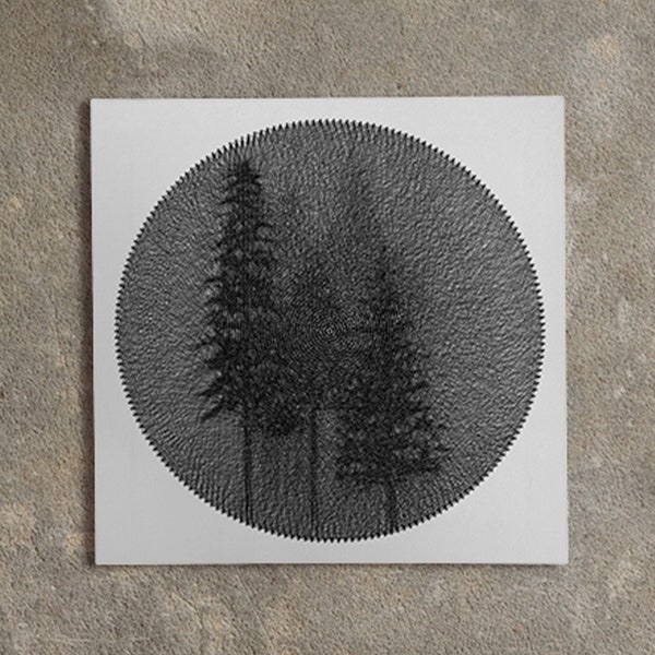 Arbres dans un brouillard Art fait main avec vue sur la nature Art de la forêt de pins Art du fil Tenture murale DIY Décoration d'intérieur Cadeau