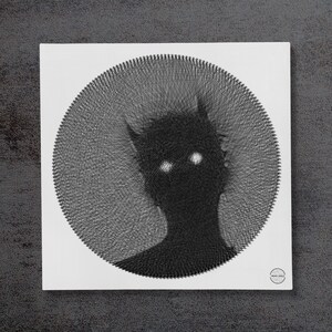 May include: A black and white string art piece depicting a shadowy figure with glowing eyes. The figure is surrounded by a circle of tightly woven string.