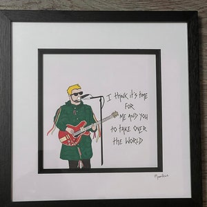 Liam Fray from The Courteeners hand drawn & framed with handwritten lyrics from ‘Take over the world.’